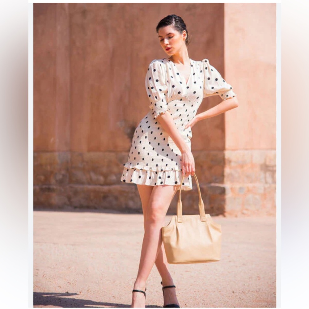 HM Puff-sleeved Smocked Dress Polka Dot Print